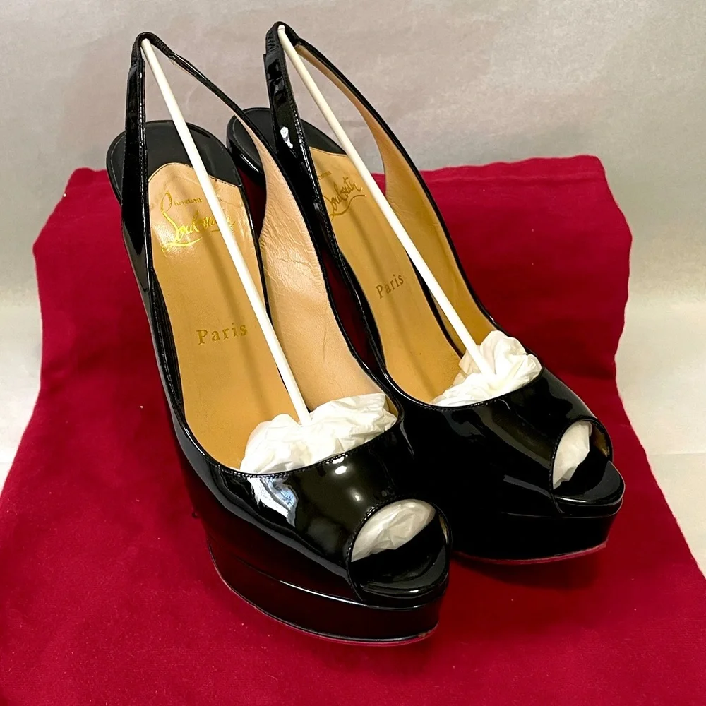 Christian Louboutin “Lady peep” sling peeptoe pumps 150mm Blk patent lthr EU37